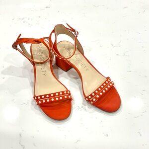SOLE SOCIETYTomato Red/ Orange Suede Sandals w/Pearl Accent Preowned Sz 8 1/2 M